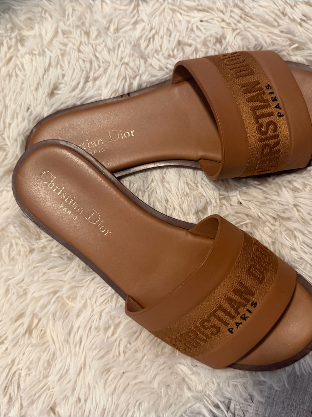 Dior Tan Leather and Fabric Logo Slide Sandals - Picture 6 of 6